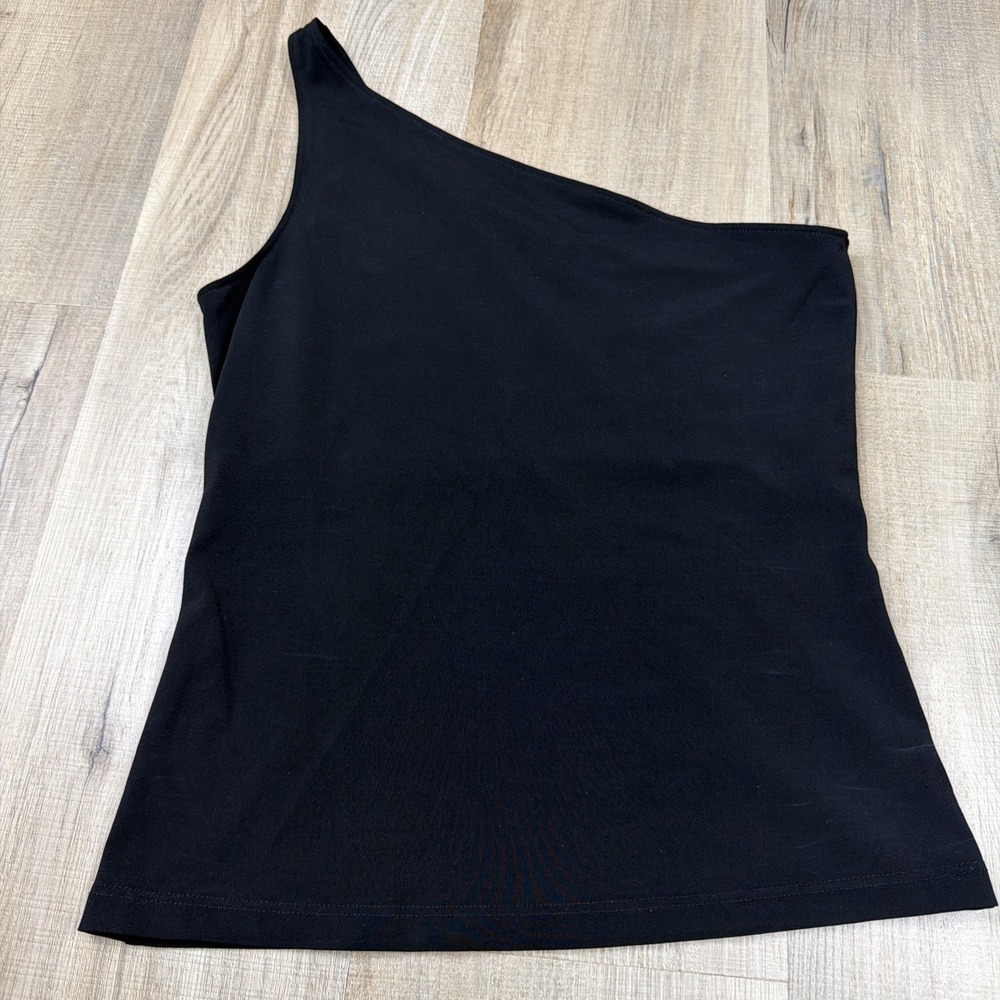 Theory One Shoulder Top Petite Black Stretch Asymmetrical Blouse Made USA P
